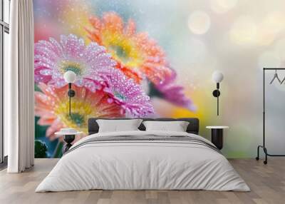 A colorful bouquet of flowers with dew drops delicately resting on their petals, set against a soft blurred background, showcasing the beauty of floral arrangements. Wall mural