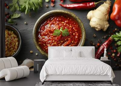 A colorful bowl of chili pepper sauces and pastes, surrounded by fresh ingredients like garlic and ginger, illustrating the essential role of chili in various cuisines. Wall mural