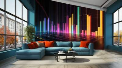 A detailed view of a 3D bar chart with translucent bars and gradient colors, set against a dark background with grid lines and axis labels for clarity. Wall mural