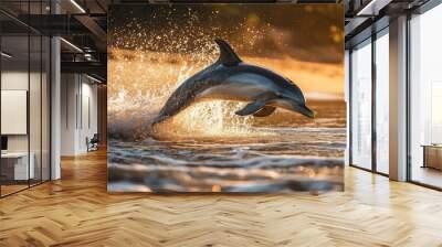 A dolphin splashing in the shallow waters near the shore, with golden sand and gentle waves in the background, capturing a peaceful yet playful moment in nature. Wall mural