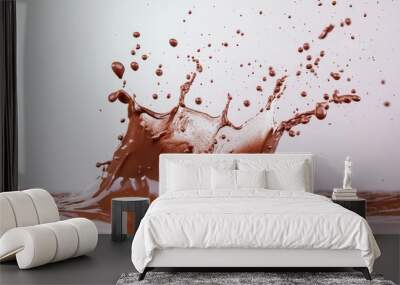 A dramatic shot of a splash of liquid chocolate, with droplets and splatters creating a dynamic and engaging visual effect against a white surface. Wall mural