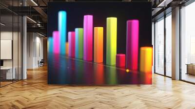 A dynamic 3D bar graph with colorful segments rising sharply against a dark background, symbolizing impressive business growth and financial success. Wall mural