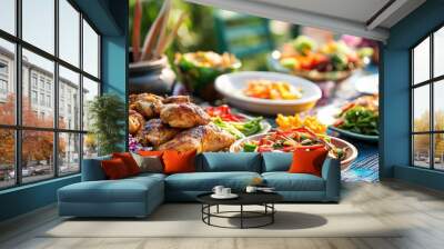 A festive outdoor dining setup with plates of som tam and grilled chicken, accompanied by traditional Thai side dishes, showcasing a lively and colorful meal. Wall mural