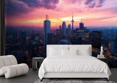 A stunning skyline view of towering skyscrapers against a vibrant sunset, capturing the bustling energy of a city center filled with life and activity. Wall mural