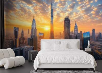 A stunning skyline view of towering skyscrapers against a vibrant sunset, capturing the bustling energy of a city center filled with life and activity. Wall mural