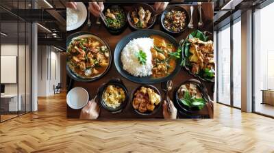 A traditional Thai feast with a variety of dishes such as Massaman Curry, Thai basil chicken, and Pad See Ew, served on a large table with family-style presentation. Wall mural