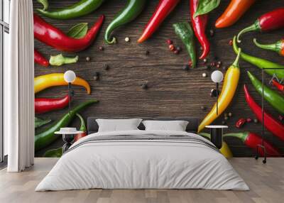 A vibrant close-up of various colorful chili peppers--red, green, and yellow--scattered on a rustic wooden table, representing the variety of spice in culinary traditions. Wall mural