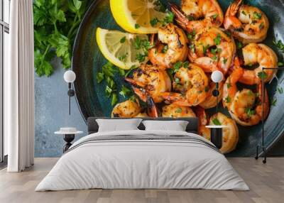 A vibrant plate of succulent grilled shrimp, arranged neatly with lemon wedges and fresh herbs, highlighting the juicy and flavorful texture. Wall mural