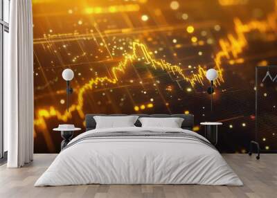 An elegant shot of a gold price chart with various technical indicators and trend lines overlaid on a digital screen, with a focus on the golden color and data. Wall mural