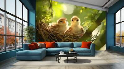 An enchanting view of a nest hidden in a tree branch, with curious chicks peeking out, highlighting their soft feathers and bright eyes against a blurred green background. Wall mural