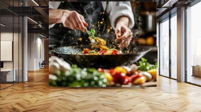 An engaging photo of a chef adding curry paste to a sizzling wok, with fresh vegetables and herbs, capturing the dynamic energy of cooking in a professional kitchen. Wall mural