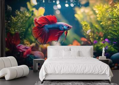 An underwater scene featuring a Betta fish exploring a decorated tank with colorful rocks and plants, creating a lively and dynamic environment Wall mural