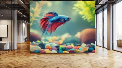 An underwater scene featuring a Betta fish exploring a decorated tank with colorful rocks and plants, creating a lively and dynamic environment Wall mural