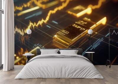 Close-up of a gold trading chart with highlighted trend lines and price alerts on a high-resolution monitor Wall mural