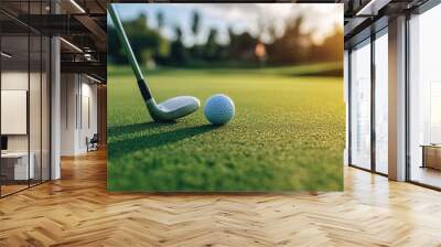 Close-up of a golf club resting on the green next to a neatly placed golf ball, with a well-maintained course in the background Wall mural