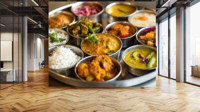 Colorful Indian thali featuring a variety of curries, dal, vegetable dishes, and rice, presented on a traditional stainless steel platter Wall mural