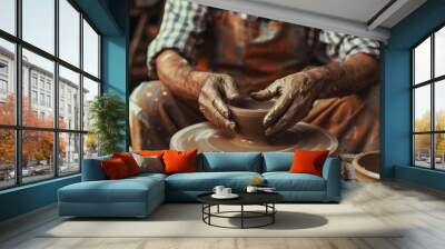 Artisan Hands Crafting Pottery on Wheel in Creative Studio Wall mural