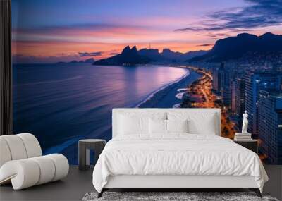 Captivating Aerial View of Ipanema Beach at Dazzling Sunset Over Rio de Janeiro Cityscape Wall mural