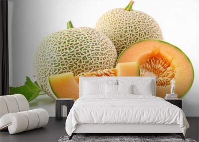 Fresh Ripe Cantaloupe Melon Slices on White Background Wall mural