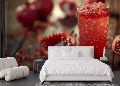 Freshly Squeezed Pomegranate Juice Served in a Glass on a Rustic Wooden Table Wall mural