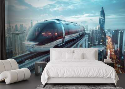 Futuristic Elevated Monorail Train Gliding Through Illuminated Cityscape Wall mural