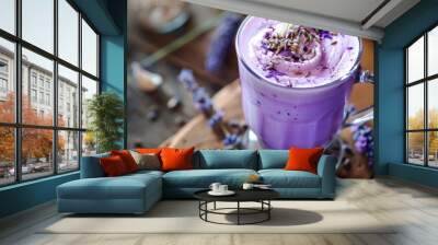 Lavender Infused Latte in Cozy Cafe Setting Inviting Relaxation and Indulgence Wall mural