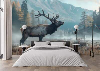 Magnificent Elk in Autumnal Mountain Landscape with Misty Fog Wall mural