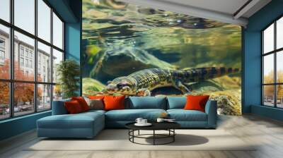 Submerged Reptilian Predator Lurking in Tranquil Riparian Environment Wall mural