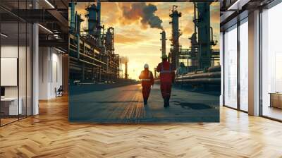 Two Workers Walking at Refinery Sunset Wall mural