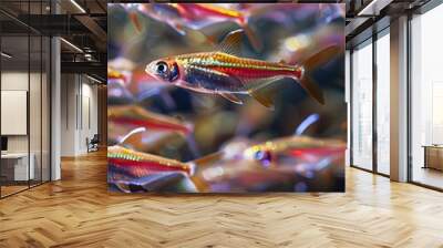 Vibrant Tetras Shoaling in a Minimalist Aquarium Photograph Wall mural