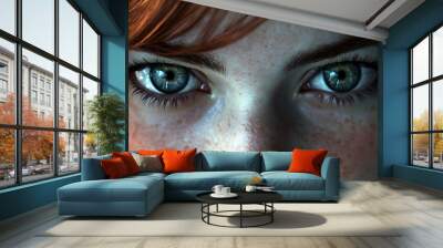 woman with striking big eyes and freckles gazes intensely, showcasing her deep emotions and captivating features. Her vibrant red hair frames her face beautifully Wall mural