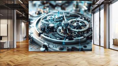 A clock with many gears and a face with the hands at The clock is made of metal and has a vintage look to it Wall mural