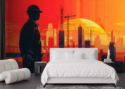 A man in a hard hat stands in front of a window looking out at a city. Concept of solitude and contemplation, as the man is alone in the midst of a bustling urban environment Wall mural