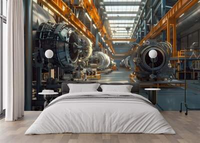 A modern aircraft factory where human engineers and robots work together to build advanced aircraft engines Wall mural