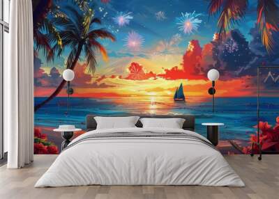 A beautiful painting of a sunset with a boat in the water Wall mural