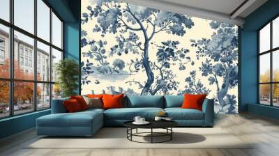 A blue and white floral wallpaper with a tree and a house in the background Wall mural