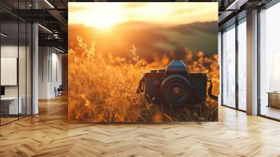 A camera is sitting in the grass, with the sun shining on it Wall mural