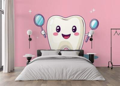 A cartoon toothbrush holding a pair of dental mirrors Wall mural