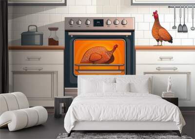 A cartoonish drawing of a chicken in an oven Wall mural