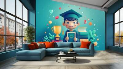 A cartoonish drawing of a young man holding a diploma and a book Wall mural