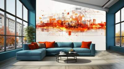 A cityscape with a lot of orange and white Wall mural