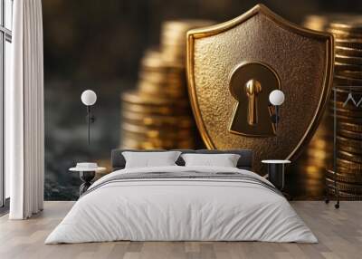 A gold coin with a keyhole on it sits on top of a pile of gold coins Wall mural