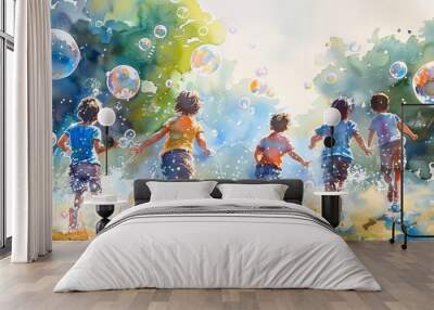 A group of children are running through a field of bubbles Wall mural