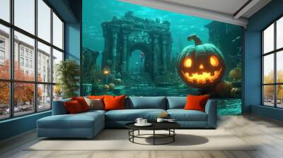 A haunted underwater scene with a pumpkin lantern and a skeleton Wall mural