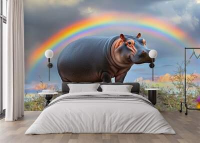 A hippo is standing on a hill next to a rainbow Wall mural