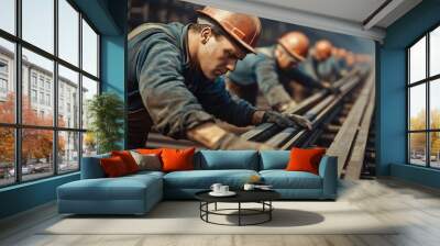 A man in a blue shirt and a hard hat is working on a metal structure Wall mural