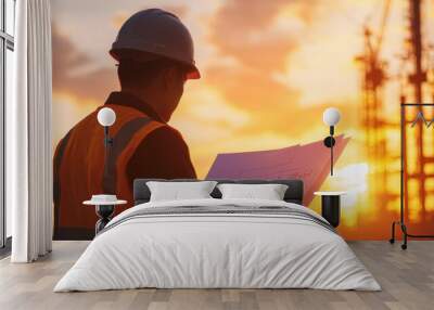 A man wearing a hard hat and safety vest is looking at a blueprint Wall mural