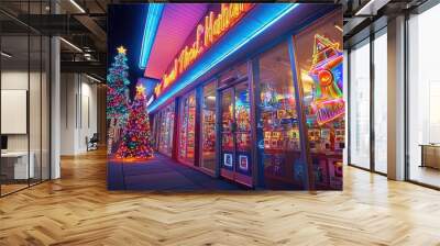 A neon sign with a Christmas tree on it is lit up Wall mural