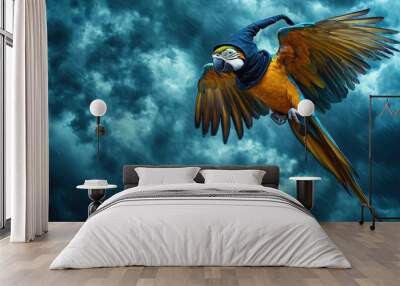 A parrot is flying in the sky with a blue and yellow hat on its head Wall mural