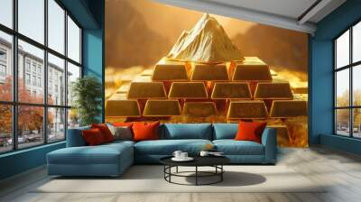 A pyramid of gold bars is shown with mountains in the background Wall mural